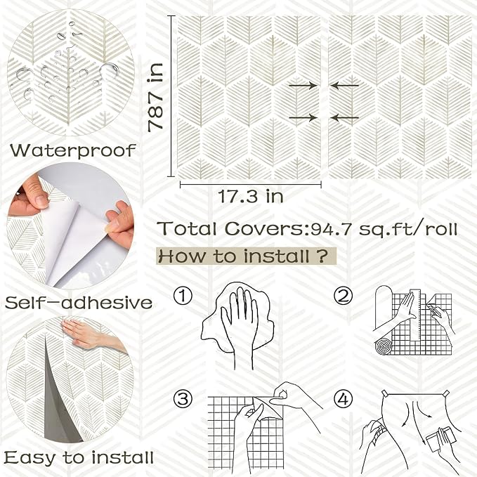 Modern Peel and Stick Wallpaper 17.3''×''787 Self Adhesive Wallpaper Boho Contact Paper Beige and White Geometric Wall Paper Removable Decorative Wallpapers for Bedroom Bathroom Cabinets Decor Vinyl