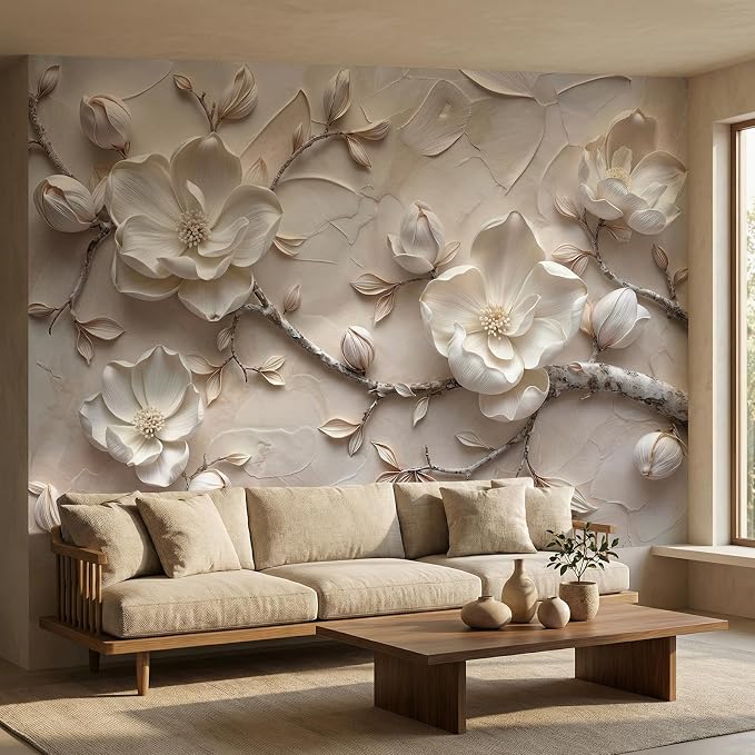 MFWFM Floral Peel and Stick Wallpaper 3D Relief Magnolia Flower Wall Mural | 137"x96", for Bedroom Living Room Bathroom, Self Adhesive Canvas