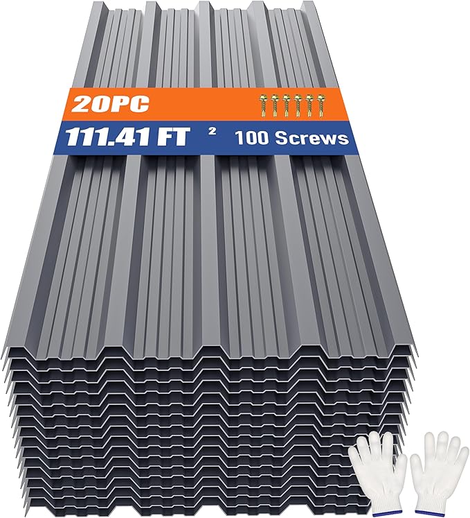 Brakki Metal Roofing Panels 20pcs 111.4 ft², 45.28"L Grey Corrugated Galvanized Steel Roof Panels with Screw, Heavy Duty Metal Siding Suitable for Garages Chicken Coop Sheds Stables Patio