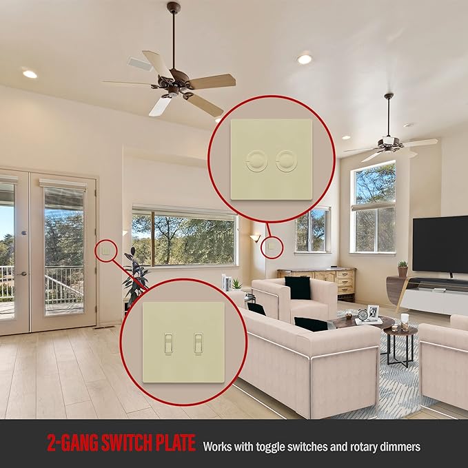 ENERLITES Screwless Double Toggle Switch Wall Plate, Child Safe Dual Light Switch Cover, Standard Size 2-Gang 4.68" x 4.73", Unbreakable Polycarbonate Thermoplastic, UL Listed, SI8812-I, Glossy, Ivory