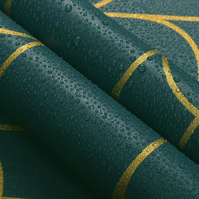 Yasinet Peel and Stick Wallpaper Green and Gold Wallpaper Modern Dark Green Contact Paper Gold Geometric Removable Self Adhesive Wall Paper for Bedroom/Cabinet Waterproof Bathroom Vinyl 393.7" x 17.3"