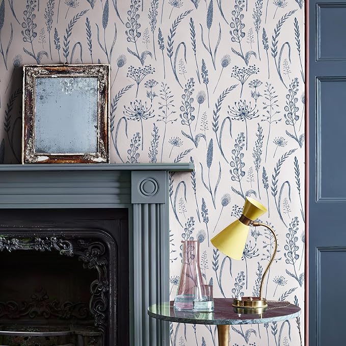 JiffDiff Peel and Stick Wallpaper Farmhouse Vintage Floral Contact Paper Wheat Meadow Removable Self Adhesive Wallpaper Blue and White (56 sq.ft)