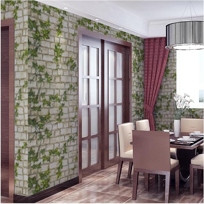 Brick Peel and Stick Wallpaper Self Adhesive Wallpaper Removable Contact Paper 3D BrickTextured Vintage Wall Paper Decorative Green Leaves Brick 15.7"x393"