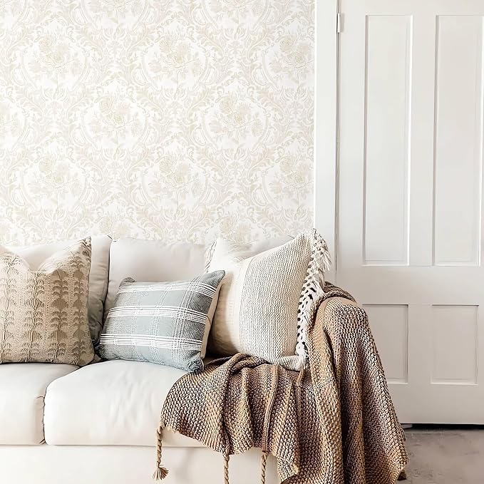 Ismoon Floral Peel and Stick Wallpaper Vintage Beige Contact Paper Boho Watercolor Damask Wall Paper Textured Removable Self Adhesive Vinyl Wallpaper for Cabinet Bedroom Wall Decor, 17.3x590in