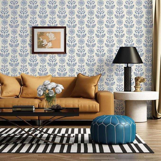 Wudnaye Blue Floral Peel and Stick Wallpaper Blue and White Contact Paper 17.7in×118in Vintage Floral Self Adhesive Wallpaper Navy Removable Tulip Wall Paper Waterproof for Bathroom Farmhouse Decor