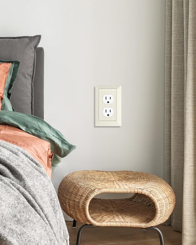 4-Pack Classic Beadboard Duplex Outlet Cover Plate, Decorative Unbreakable Polycarbonate Switch Plates and Outlet Covers, Light Almond Wall Plates for Electrical Outlets, 1 Gang Receptacle Cover
