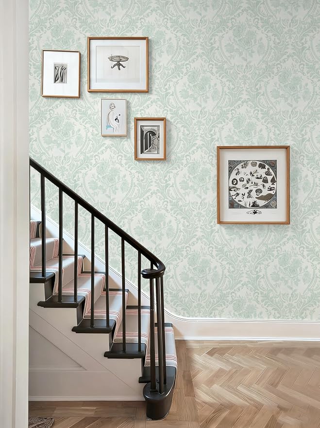 Ismoon Peel and Stick Wallpaper Vintage Floral Contact Paper Boho Watercolor Sage Green Damask Wallpaper Textured Removable Self Adhesive Vinyl Wall Paper for Bedroom, 17.3 in X 32.7 ft