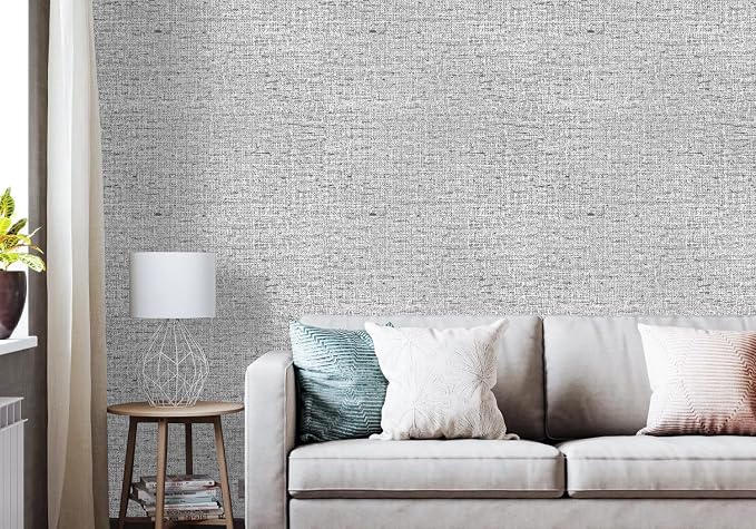 Gray Grasscloth Peel and Stick Wallpaper Textured 15.7in x 393.7in | Faux Linen Wallpaper Peel and Stick Vintage Grasscloth Contact Paper Self Adhesive Removable Contact Paper for Bedroom Vinyl
