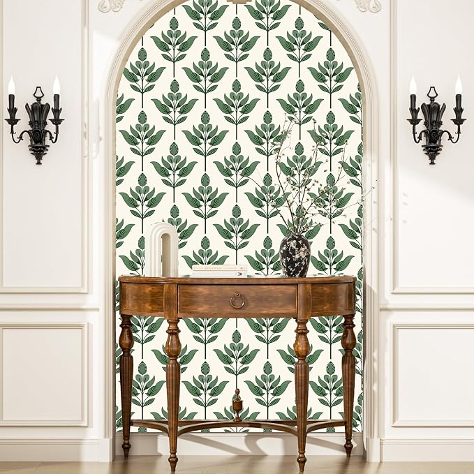 BOKEBEVE Boho Leaf Peel Stick Wallpaper Damask Beige Green 17.5 x 118In | Modern Symmetry Contact Paper Floral Wall Paper for Bedroom Accent Walls Laundry Nursery Pantry Renter Friendly Removable