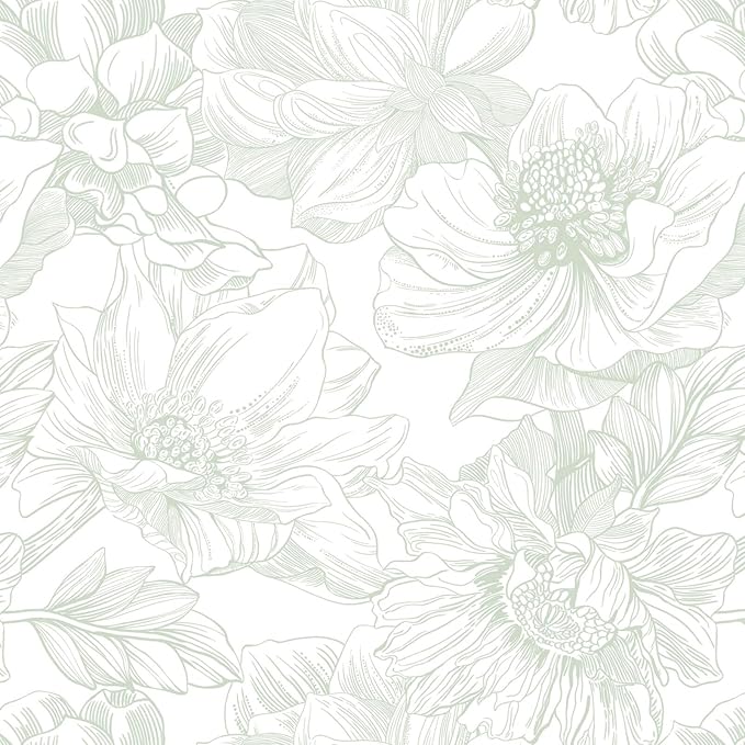 Ismoon Large Floral Peel and Stick Wallpaper Boho White and Green Contact Paper 17.3inx32.7ft Modern Wall Paper Removable Self Adhesive Vinyl Wallpaper for Bedroom Cabinet Bathroom Mural Wall Decor