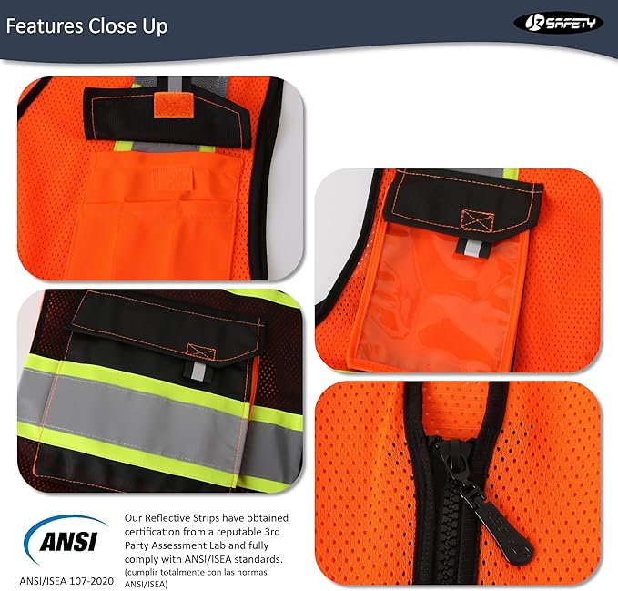 JKSafety Hi Vis Reflective Safety Vests for Men Women High Visibility Vest with Pockets Mesh Fabric Construction Safety Apparel Neon Vest for Work (220-OBlack 3XL)