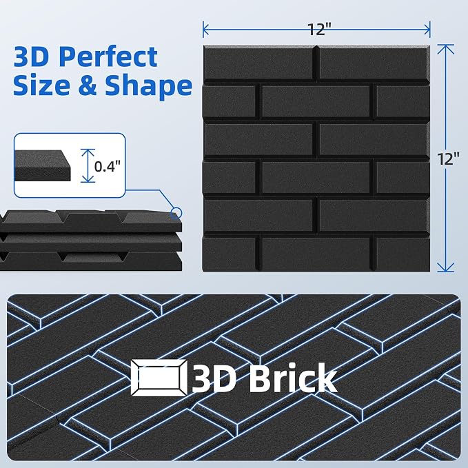 22 Pack Acoustic Panels with Self Adhesive Sound Proof Foam Panels for Wall | 12" X 12" X 0.4" High Density Soundproof Wall Panels, Brick Sound Absorbing Panels for Home Studio Office Decor - Black