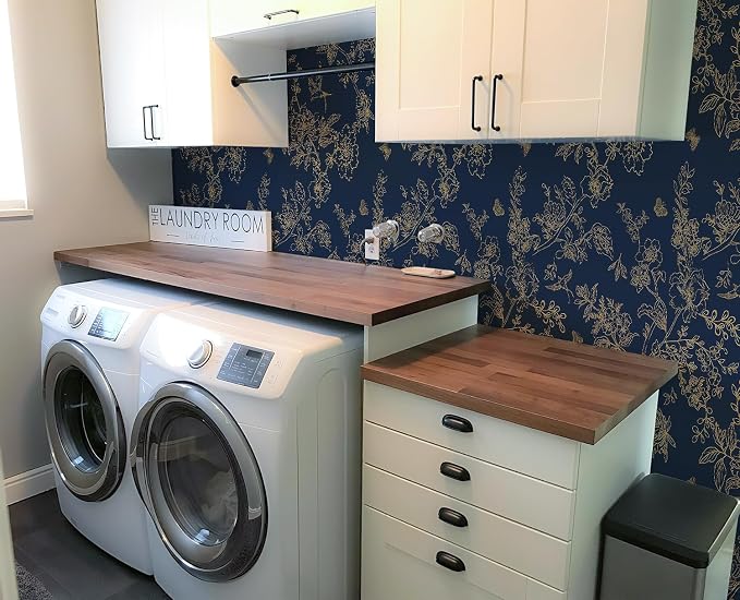 Froluya Dark Blue and Gold Vintage Floral Peel and Stick Wallpaper 17.7"x118.1" Dark Blue Floral Wallpaper Peel and Stick Removable Self Adhesive Wall Paper for Bathroom Bedroom Decorative Vinyl