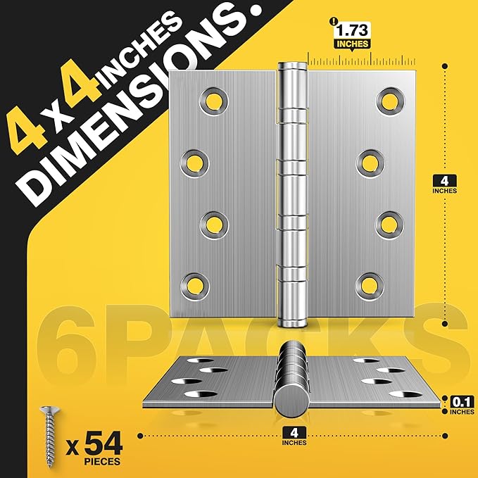 KOLET Ball Bearing Door Hinges, 4 x 4 Inches Square Door Hinges Brushed Nickel, Square Corner, Stainless Steel Hinges, Heavy Duty, Smooth and Non Removable Pin, 6 Pack