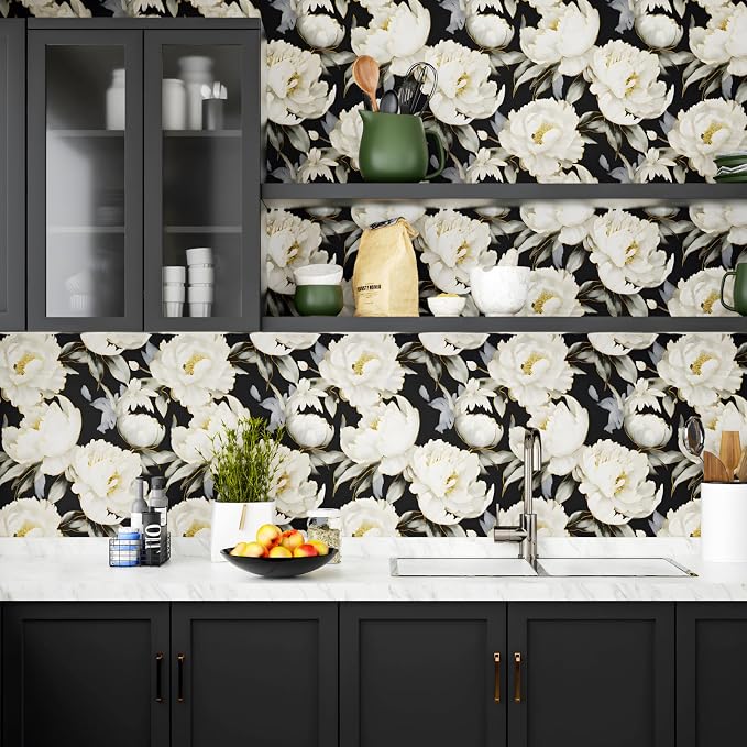 ILHIIOR Black/White Floral Peel and Stick Wallpaper 17.5 x 118 Inches | Leaf Removable Self Adhesive Waterproof Contact Paper, Renter Friendly Decor for Cabinets, Drawers & Bedroom Walls