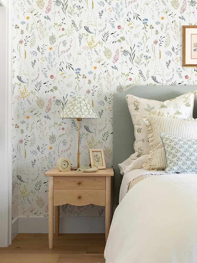 Dimoon 787"x16.1" Floral Peel and Stick Wallpaper Beige Contact Paper Thicken Wallpaper Delicate Flower Waterproof Green Leaf White Self Adhesive Removable Wall Paper Shelf Liner Decal Vinyl Roll