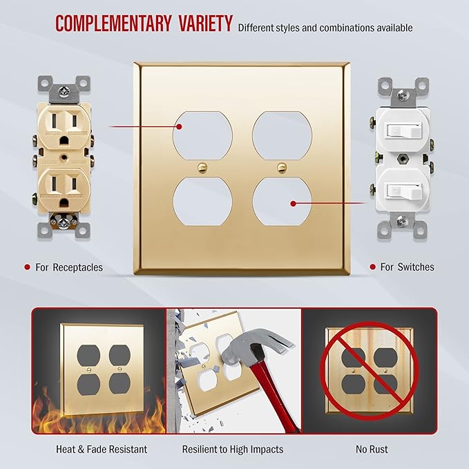 ENERLITES Dual Duplex Receptacle Metal Wall Plate, Stainless Steel Outlet Cover, Corrosion Resistant, Mid-Size 2-Gang 4.88" x 4.92", Stainless Steel 201, 7722M-PB, Polished Brass