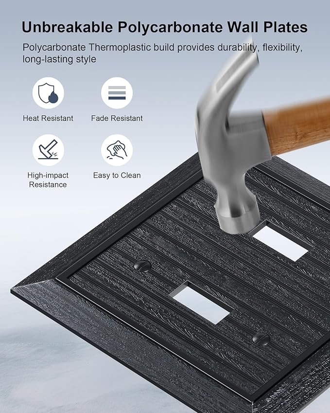 2-Pack Classic Beadboard Double Toggle Light Switch Cover Plate, Unbreakable Polycarbonate Decorative Switch Plate Covers, Matte Black 2 Gang Wall Plate