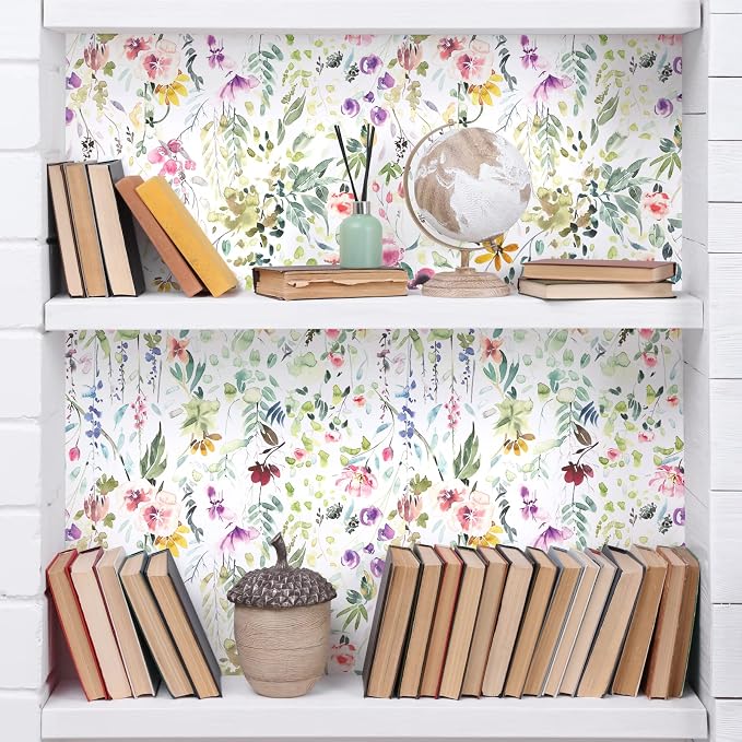 VEELIKE 17.7''x118'' Watercolor Field Flower Wallpaper Peel and Stick Vintage Floral Wallpaper for Bedroom Bathroom Nursery Removable Self Adhesive Floral Contact Paper for Cabinets Drawers Walls