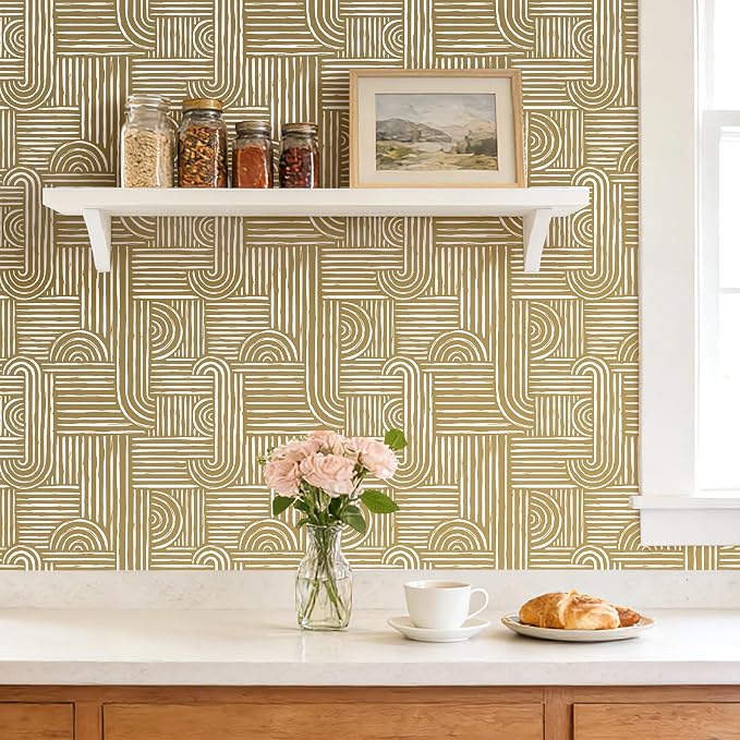 Livelynine 17.5x276 Abstract Modern Wallpaper Peel and Stick Mid Century Modern Geometric Wallpaper for Bathroom Cubicle Bedroom Accent Wall White Gold Contact Paper Drawers Cabinets Renter Friendly