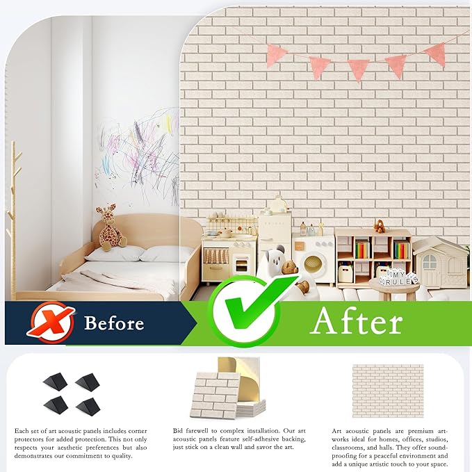 12Pack Acoustic Wall Panels, 12"×12"×0.4" Self-Adhesive 3D Brick Pattern Sound Proof Panels for Walls, High Density Decorative Acoustic Foam Sound Proofing for Recording Studio, Office, Camel