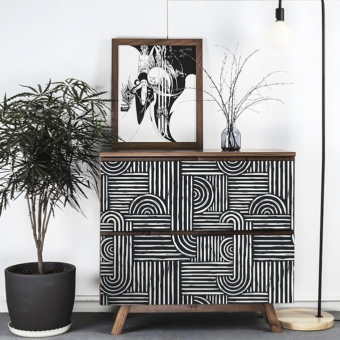 Livelynine 17.5x591 Black and White Wall Paper Peel and Stick Modern Geometric Wallpaper Removable Accent Wall Coverings Self Adhesive Mid Century Art Deco Abstract Contact Paper Waterproof Bathroom
