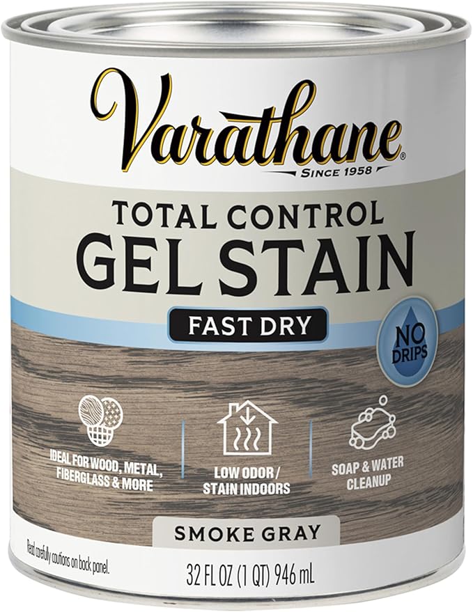 Varathane Total Control Gel Stain | Low Odor Water-Based Formula | Thick Gel Formula for Vertical Surfaces | Ideal for Wood, Metal & Fiberglass | Quart | Smoke Gray