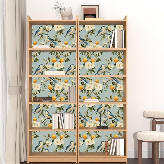 Laatse Birds Wallpaper Peel and Stick, Blue Vintage Floral Fruits Contact Paper 17.5" x 393", Botanical Wall Paper Self Adhesive Removable Waterproof for Bathroom Bedroom Shelf Cabinet Drawer Table