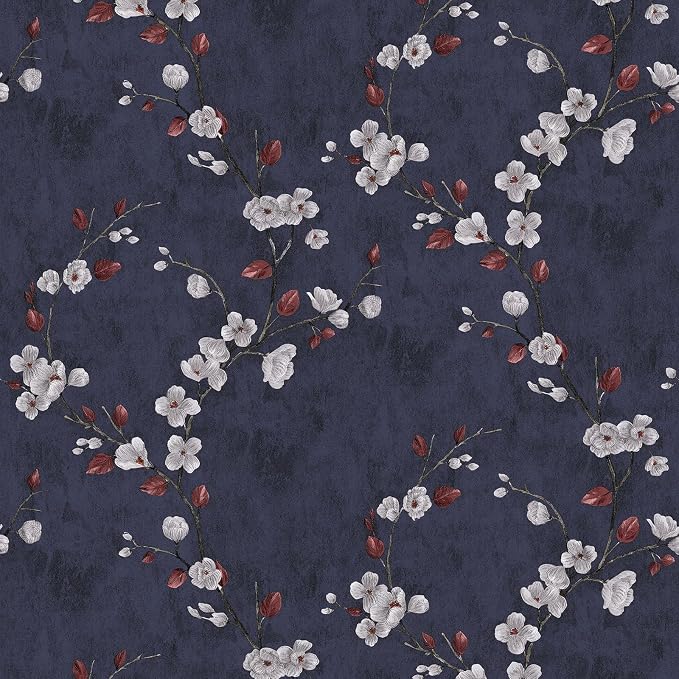 Floral Peel and Stick Wallpaper Flower Tree Contact Paper A Set of 17.5"x480" Self Adhesive Removable Modern Dark Blue Wall Paper Decorative Wall Covering Countertop Vinyl Film Roll