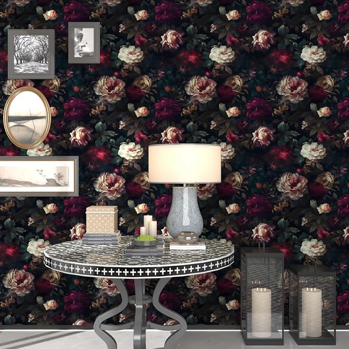 Fvlow Vintage Black Dark Red Floral Peel and Stick Wallpaper 17.4" x 788" | Renter Friendly, Removable & Waterproof, Vinyl Easy Install for Bedrooms, Bathrooms, Kitchens, Cabinets and Home Decor