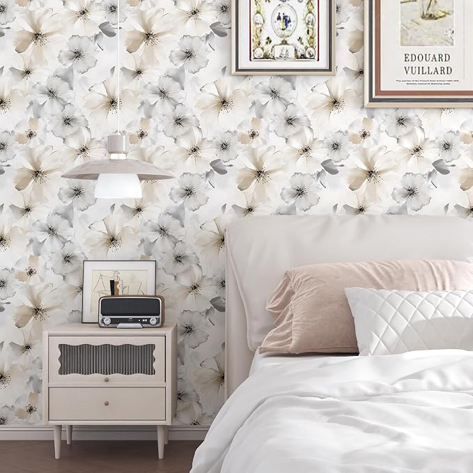 ILHIIOR White Floral Peel and Stick Wallpaper - Boho Vintage Leaf Pattern - Removable Self-Adhesive for Cabinets & Walls - 17.5''x393''