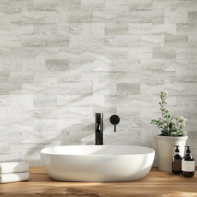 Vamos Tile 4-Piece Matt Beige Mixed Grey Slate Peel and Stick Backsplash Seamless Tile,3''x6'' PVC Subway Tile,Stick on Backsplash for Kitchen/Bathroom/Laundry Room