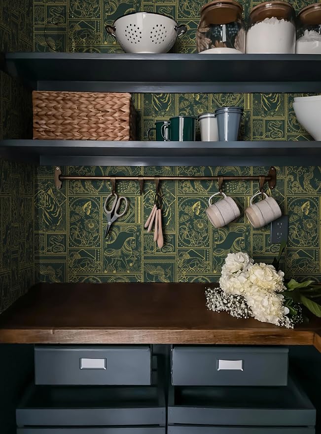 Erfoni 118"x17.7" Green and Gold Wallpaper Vintage Peel and Stick Wallpaper Special Animals Pattern Contact Paper Stick and Peel Self Adhesive Removable Wall Paper for Countertop Cabinets Covering