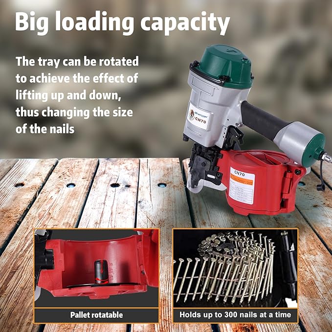 Mexican Style CN70 Coil Siding Nail Gun, 15 Degree Pneumatic Siding Nailer, 1-3/4" to 2-3/4" Coil Siding Nailer for Siding Sheathing Wooding Fencing Decking