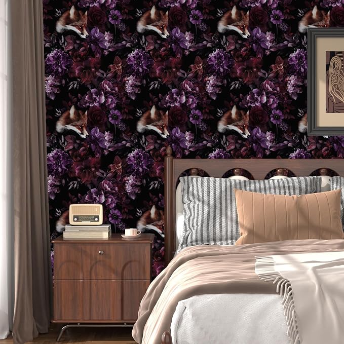 Gothic Black Red Fox Floral Wallpaper Peel and Stick 17.5"x118" | Self Adhesive/Removable/Waterproof/Thick Vinyl Vintage Contact Paper for Bathroom Bedroom Shelf Cabinet Drawer,Prepasted