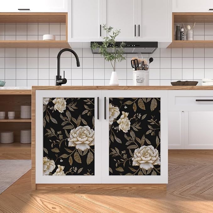 Dark Golden White Peony Floral Wallpaper Peel and Stick 17.5"x787" | Self Adhesive/Removable/Waterproof/Thick Vinyl Extra Long Contact Paper for Bathroom Bedroom Shelf Cabinet Drawer,Prepasted