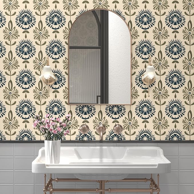 BOKEBEVE Boho Floral Peel and Stick Wallpaper Beige Blue 17.5 x 787In | Super Long Symmetry Contact Paper Modern Wall Paper for Bedroom Accent Walls Laundry Nursery Pantry Renter Friendly Removable