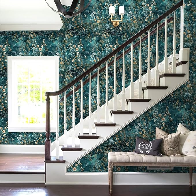 Floral Peel and Stick Wallpaper Teal Contact Paper 17.3in x 393in | Botanical Self Adhesive Wallpaper Vintage Floral Decor Vinyl for Bathroom Cabinets Teal Flower Removable Wall Paper Roll