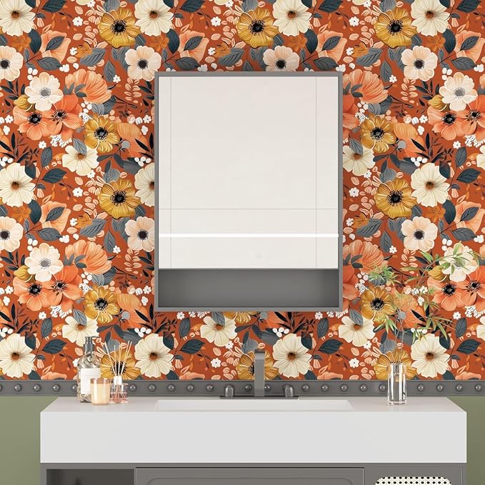 BOKEBEVE Floral Wallpaper Peel and Stick Boho Vintage Orange 17.5 x 393.5In | Extra Long Removable Renter Friendly Vintage Floral Wall Paper for Bedroom Bathroom Cabinet Drawer Feature Accent Wall