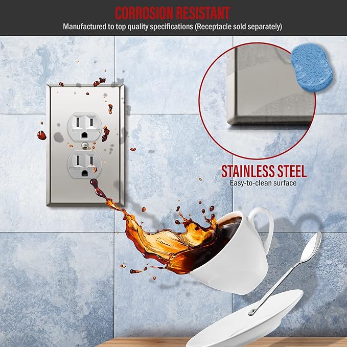 ENERLITES Duplex Receptacle Metal Wall Plate, Stainless Steel Outlet Cover, Corrosion Resistant, Mid-Size 1-Gang 4.88" x 3.11", Stainless Steel 201, 7721M-PC, Polished Chrome