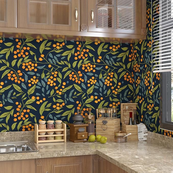 BOKEBEVE Leaf Floral Wallpaper Peel n Stick Boho Blue Orange 17.5 x 787In | Super Long Removable Renter Friendly Vibrant Watercolor Wall Paper for Bedroom Bathroom Living Room Feature Accent Wall