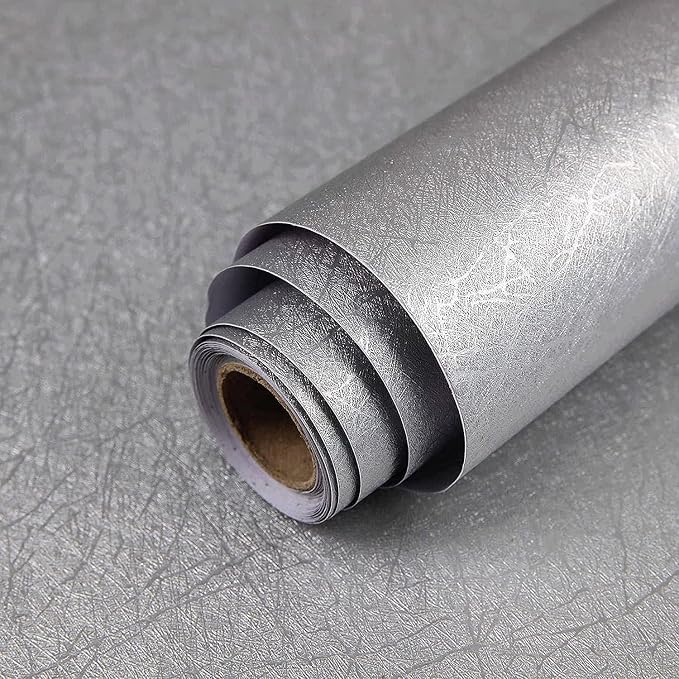 Silver Grey Wallpaper Peel and Stick Embossed Self Adhesive Contact Paper | 15.7" X 196.8" Removable Home Decoration Silk Vinyl Wrap Cabinet Countertops Furniture Renter Friendly Shelf Paper