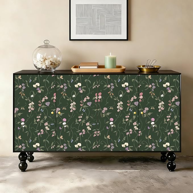 Vintage Wallpaper Peel and Stick Dark Green Floral Wallpaper Leaf Contact Paper Vinyl Waterproof Self Adhesive Boho Botanical Wall Paper for Bedroom Shlef Cabinet Decor 17.3" x 78.7"
