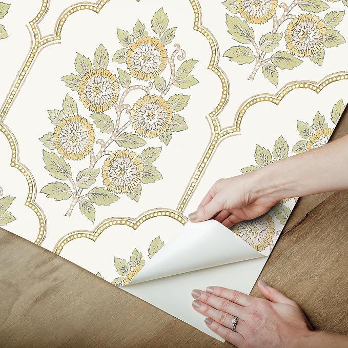 NuWallpaper x Society Social Floral Bazaar Ochre Peel and Stick Wallpaper, Removable Wallpaper, 20.5 in x 18 ft