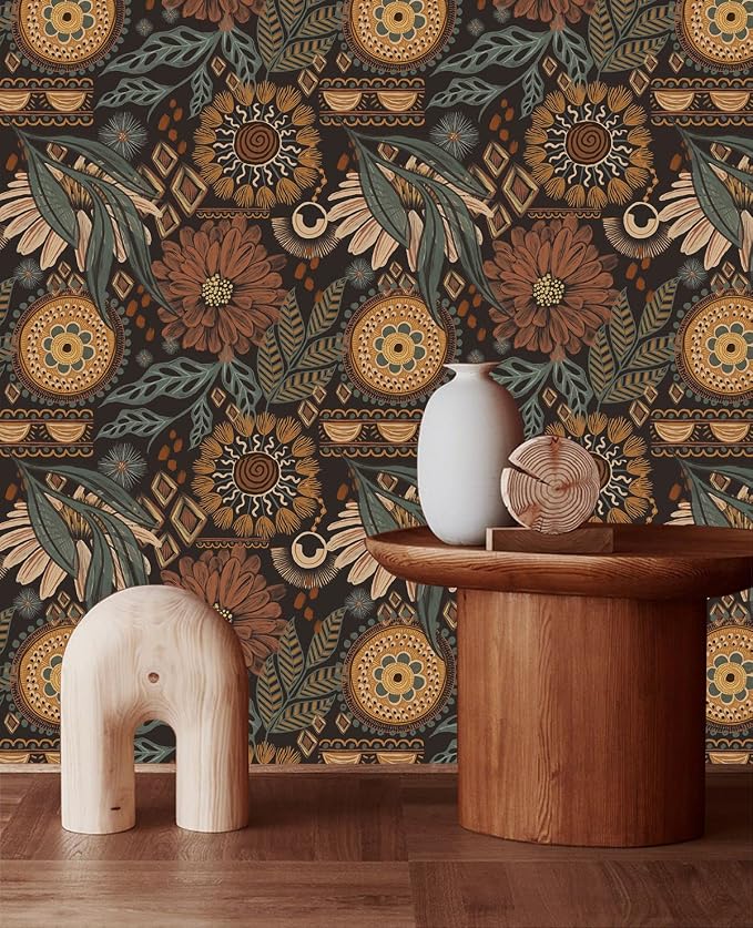 HAOKHOME Peel and Stick Wallpaper Boho Floral Vintage Botanical Bathroom | Renter Friendly Removable Textured Wall Paper Brown Cottagecore Green Orange Retro Moody Bedroom Accent Wall 17.3in x 9.8ft