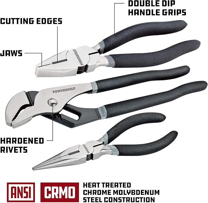Powerbuilt 8 Piece Master Pliers Set, Long Reach, Diagonal, Slip Joint, Adjustable, Linesman, Groove Joint, End Nippers, Hand Tools Organizer Tray - 949023