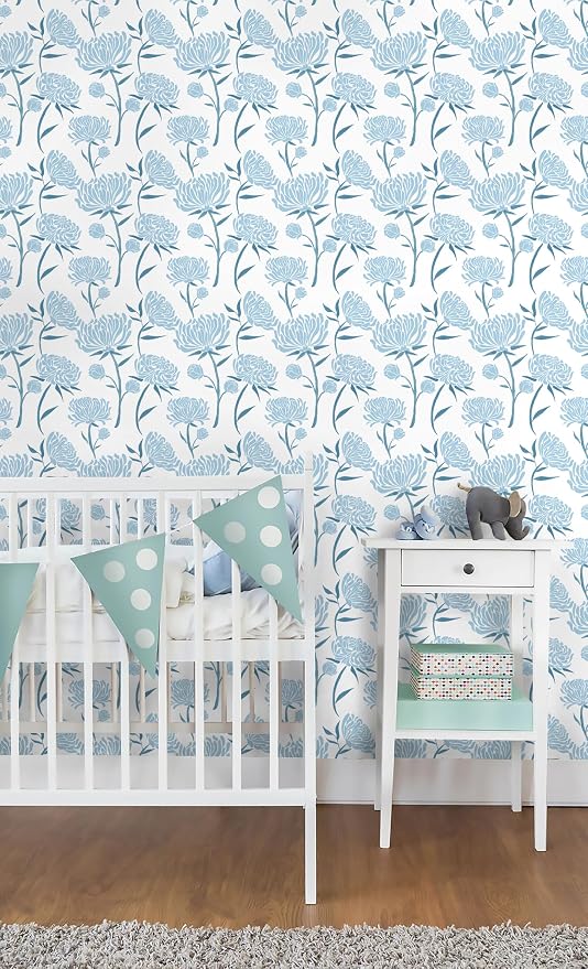 Hopepak 17.3" x 78.7" Peel and Stick Wallpaper Floral Contact Paper Blue Wall Paper Modern Self Adhesive Removable Vinyl Wallpaper for Bedroom