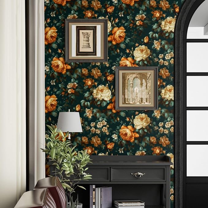 Fvlow Dark Green Glowing Floral Peel and Stick Wallpaper 17.4" x 197" | Renter Friendly, Removable & Waterproof, Vinyl Easy Install for Bedrooms, Bathrooms, Kitchens, Cabinets and Home Decor