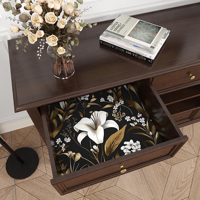 Vintage Dark Black Golden Floral Peel and Stick Wallpaper 17.5"x787" | Self Adhesive/Removable/Waterproof/Thick Vinyl Extra Long Contact Paper for Bathroom Bedroom Shelf Cabinet Drawer,Prepasted