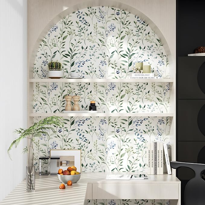 ILHIIOR Blue Leaf Wallpaper Boho Peel and Stick Wallpaper Green Leaf Vintage Contact Paper White Floral Wall Paper Removable Wallpapers Self Adhesive for Cabinet Drawers Wall Decor 17.5''x118.1''